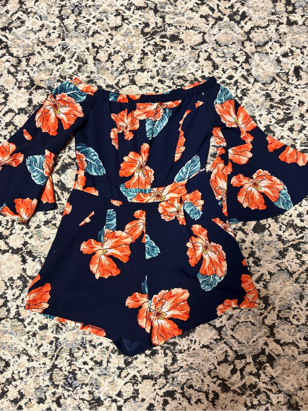 Off-Shoulder Navy Floral Romper with Orange Blooms